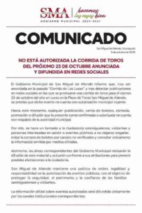 NO ESTÁ AUTORIZADA LA CORRIDA DE TOROS DEL PRÓXIMO 23 DE OCTUBRE ANUNCIADA Y DIFUNDIDA EN REDES SOCIALES
